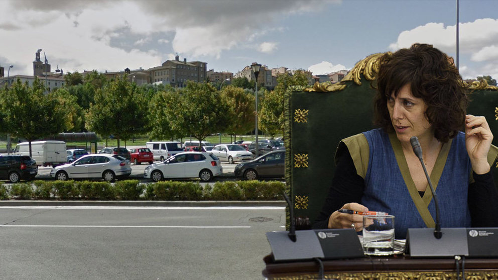 La concejala de EH Bildu, Patricia Perales, presidiendo una Comisión de Presidencia del Ayuntamiento de Pamplona junto a una imagen de un aparcamiento de la Rochapea completamente lleno NAVARRACOM