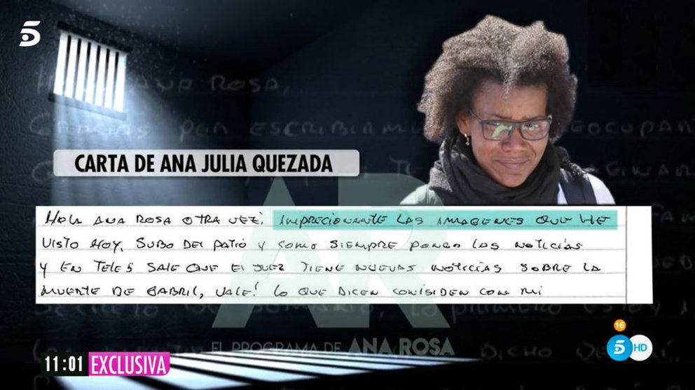 Imagen de una de las cartas enviadas por Ana Julia Quezada, la asesina confesa del pequeño Gabriel Cruz, a El programa de Ana Rosa TELECINCO