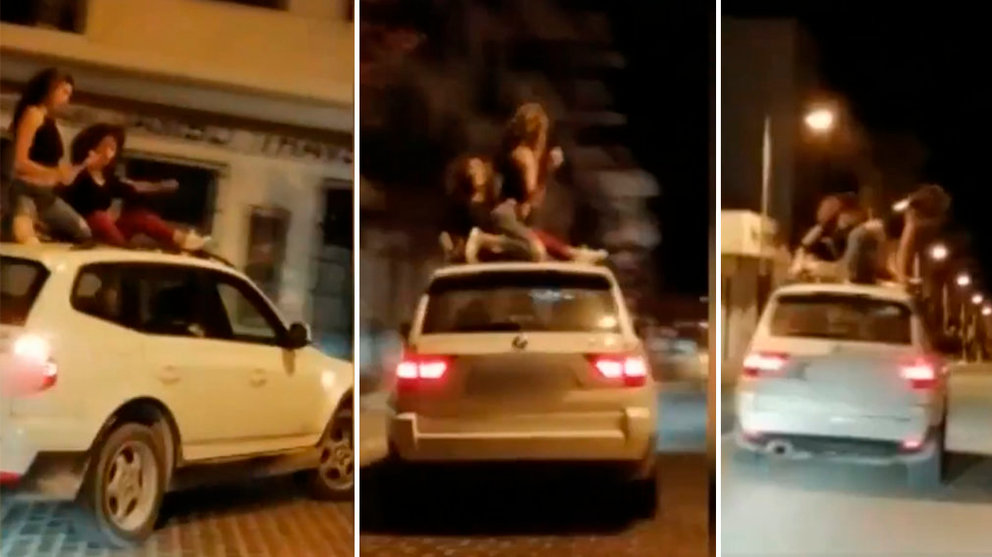 Tres momentos del vídeo donde aparecen dos jóvenes bailando sobre un coche en marcha. TWITTER