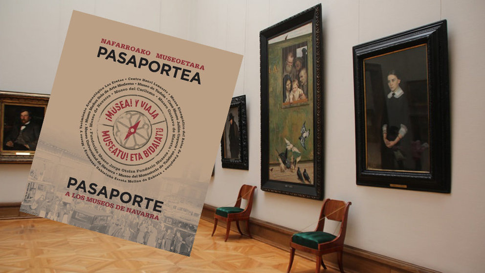 Imagen del pasaporte de la campaña de promoción de museos de Navarra junto a una sala de exposición NAVARRACOM