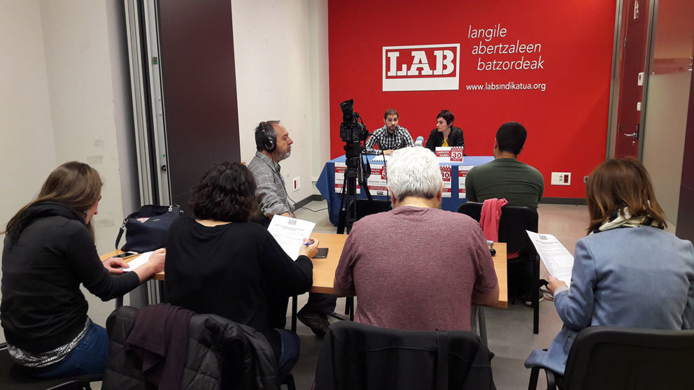 Rueda de prensa en la sede del sindicato abertzale LAB en Pamplona. CEDIDA