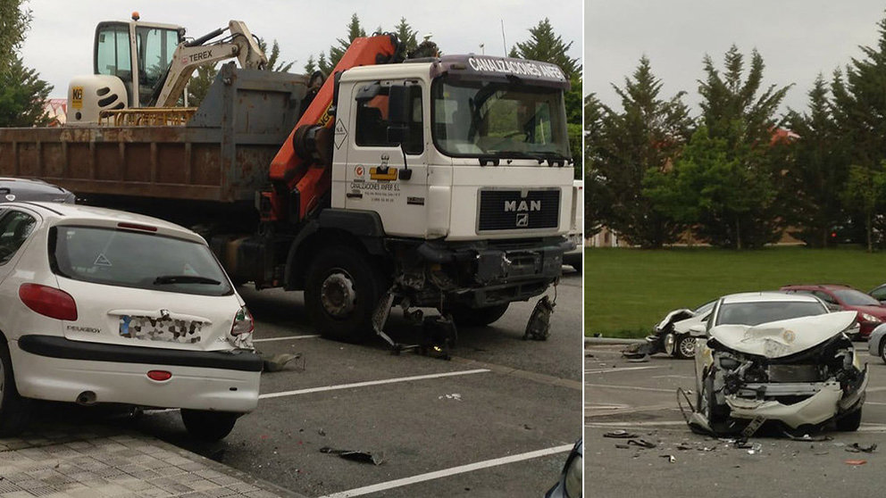 Imagen del accidente de un camión que ha arrasado varios coches que encontraba a su paso en el polígono de Mutilva y en el paseo Ibaialde IMÁGENES CEDIDAS 7