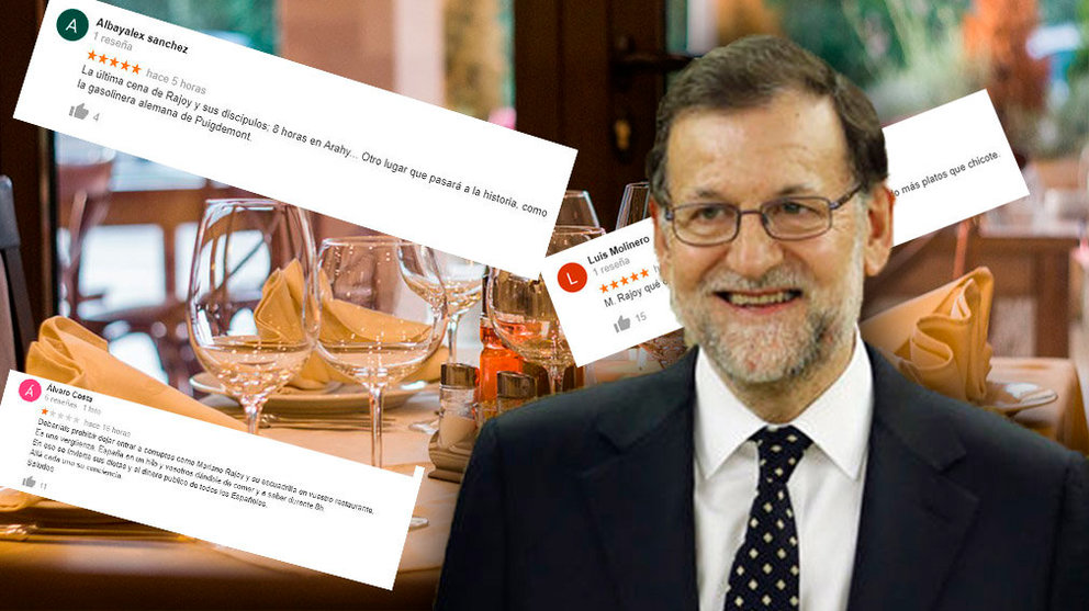 Rajoy junto a varias reseñas sobre el restaurante en el que siguió la moción de censura FOTOMONTAJE