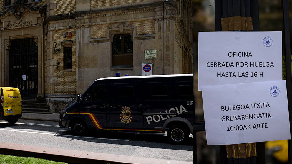 La Policía Nacional vigila la entrada de la oficina de Correos en el Paseo Sarasate de Pamplona durante la jornada de paros celebrada este 7 de junio MIGUEL OSÉS