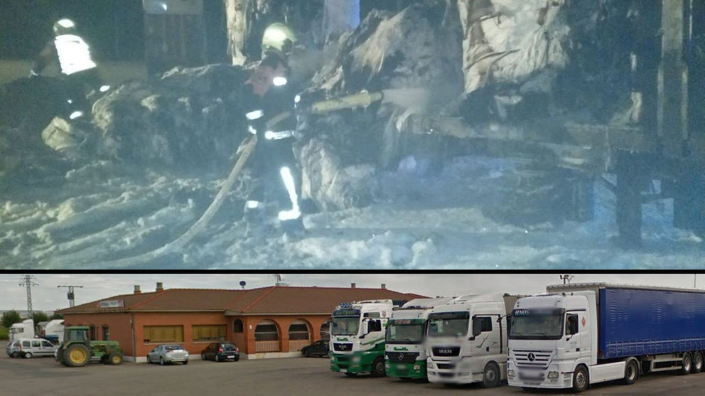 Imagen del camión cargado de bobinas de papel que ha ardido en el parking del restaurante Hernani en Castejón, abajo en otra imagen de archivo Foto BOMBEROS DE NAVARRA