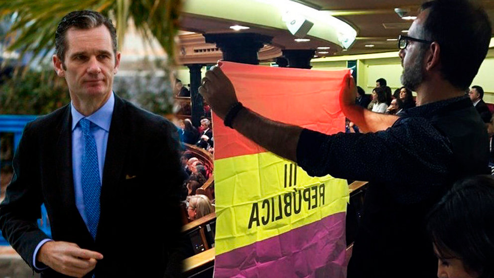 Imagen de Iñaki Urdangarín junto a una fotografía del senador navarro de I-E, Iñaki Bernal, enarbolando una bandera republicana NAVARRACOM