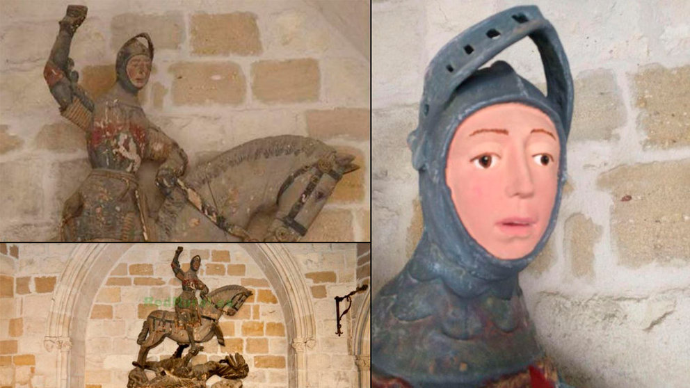 Imagen del estado previo de la escultura de San Jorge, de la iglesia de San Miguel de Estella, y su estado actual tras la restauración Fotos FACEBOOK ARTUS