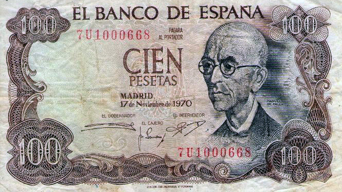Un antiguo billete de 100 pesetas.