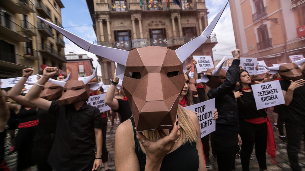 AnimaNaturalis y PETA realizan su tradicional protesta contra la tauromaquia en la víspera del inicio de las fiestas San Fermín (12). IÑIGO ALZUGARAY