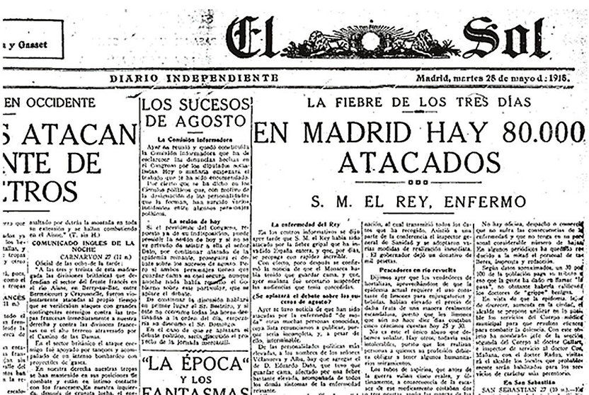 Primera página del ejemplar de El Sol del 28 de mayo de 1918, Madrid ya tenía 80.000 enfermos de gripe, entre ellos, el rey Alfonso XIII. 