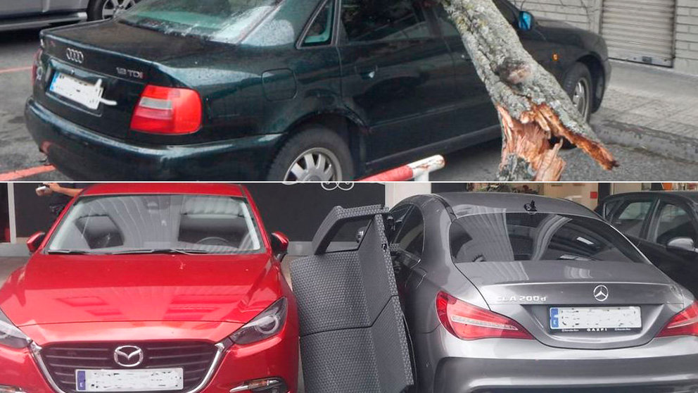 Varios coches han sufrido las consecuencias del temporal de viento que ha asolado Pamplona POLICÍA MUNICIPAL DE PAMPLONA
