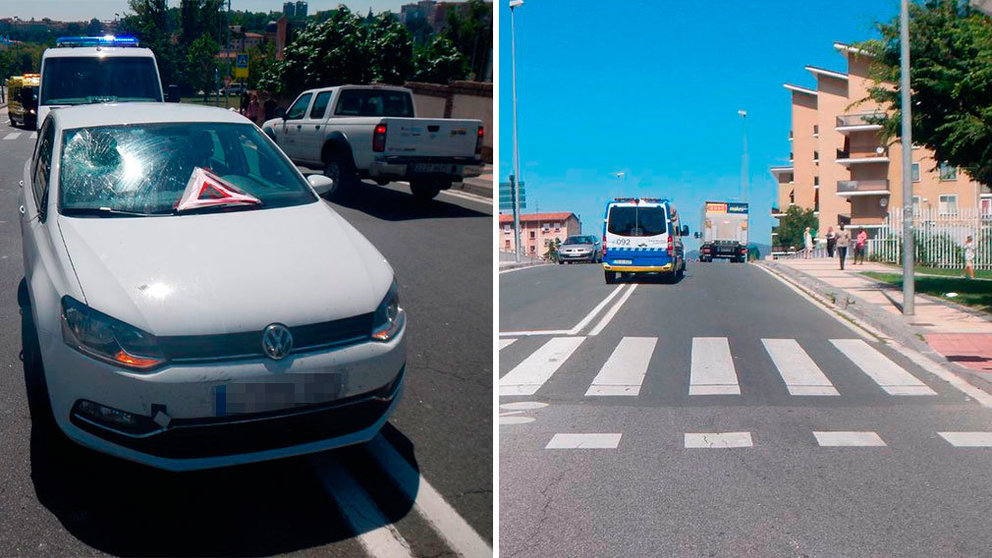 Estado en el que quedó el vehículo tras atropellar a un joven ciclista de 23 años en un paso de peatones de la avenida de Guipúzcoa. POLICÍA MUNICIPAL DE PAMPLONA