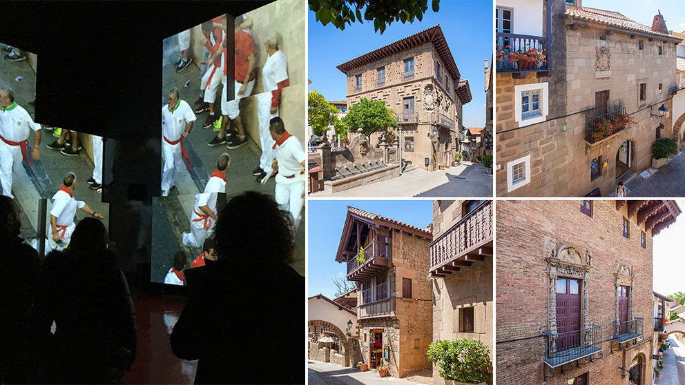 La muestra y algunos de los edificios históricos de Navarra que se encuentran en el Poble Espanyol. CEDIDA