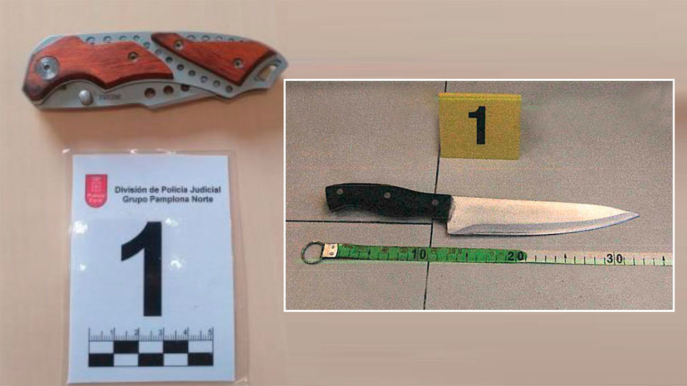La navaja y el cuchillo empleados por los dos hombre detenidos en diferentes localidades de Navarra POLICÍA FORAL