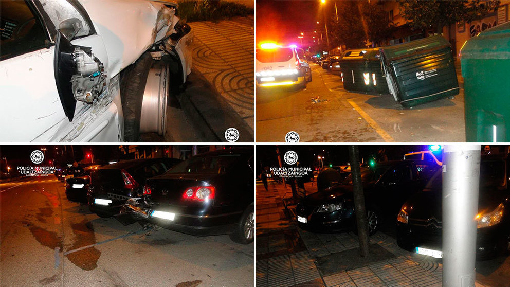 Daños que ha provocado el choque de un conductor borracho en el barrio de San Juan, en Pamplona. POLICÍA MUNICIPAL