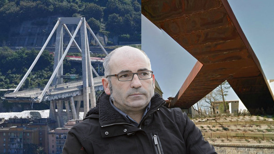 Montaje con el puente caído en Génova, la pasarela de Labrit en Pamplona y el concejal de Bildu, Joxe Abaurrea. NAVARRA.COM