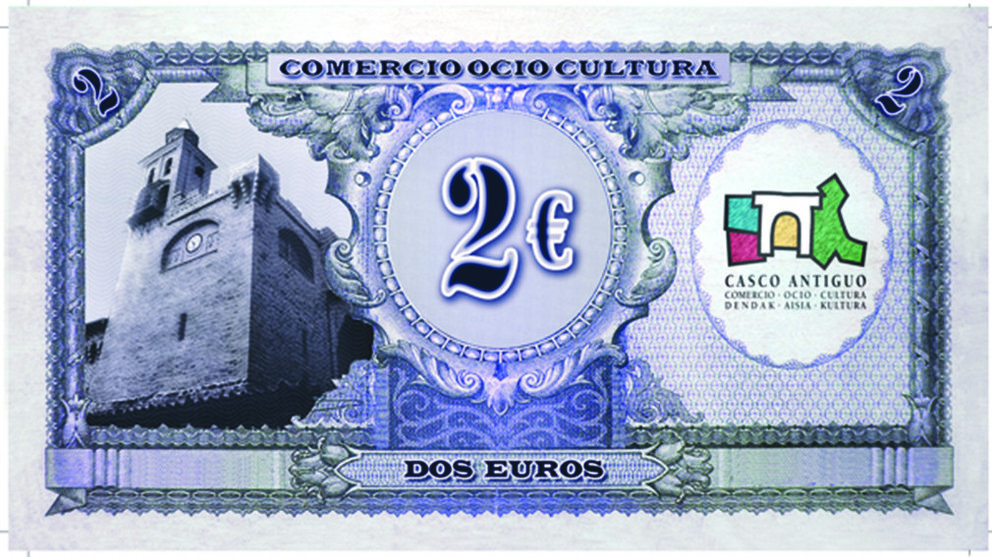 Billete antiguo de 2 euros repartido por los comercios del Casco Antiguo de Pamplona. CASCO ANTIGUO DE PAMPLONA