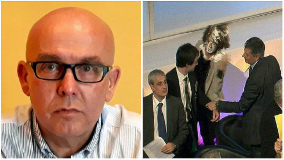 A la izquierda, Gonzalo Boyé, abogado de los independentistas. A la derecha, momento de la agresión a Yolanda Barcina.