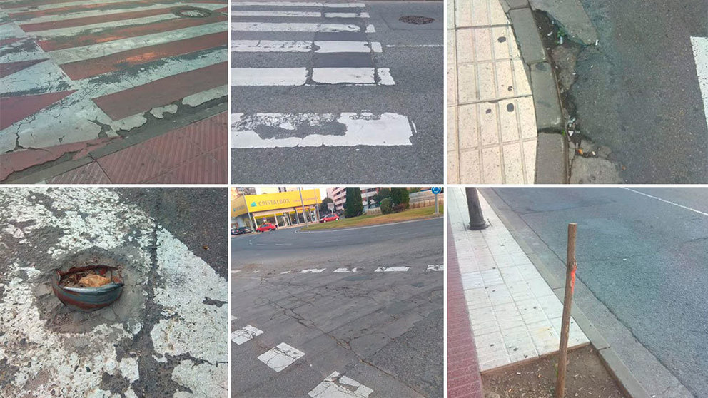Varios de los desperfectos que tiene la avenida de Zaragoza en Tudela. CEDIDAS