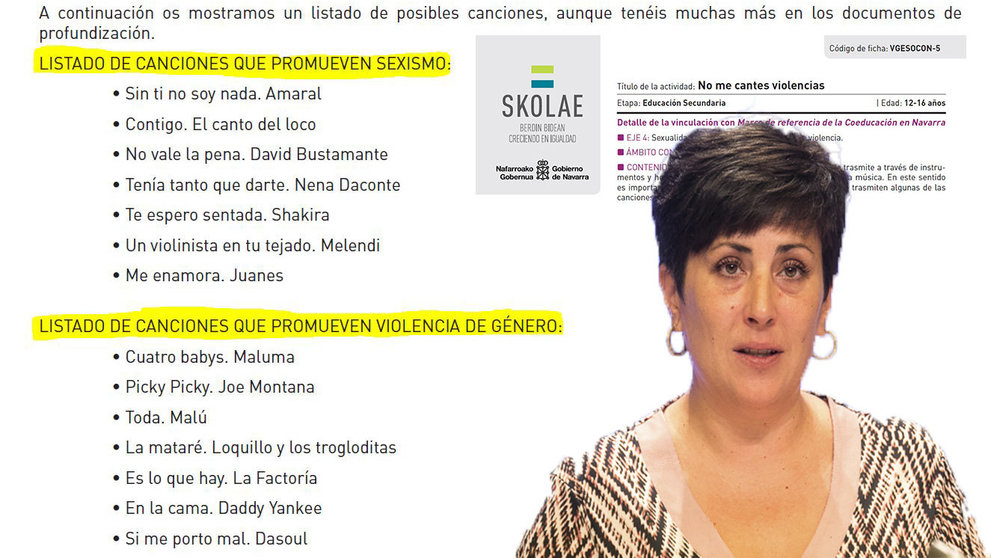 María Solana junto al listado de canciones de Skolae en el que se señalan canciones que promueven la violencia de género.