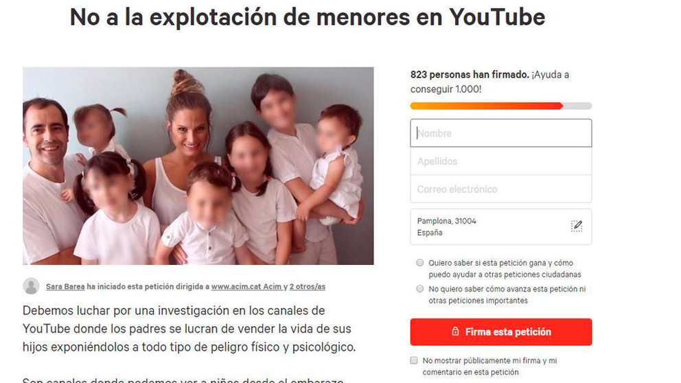 La campaña emprendida contra la youtuber navarra Verdeliss por el uso de sus hijos en las redes sociales. CHANGEORG
