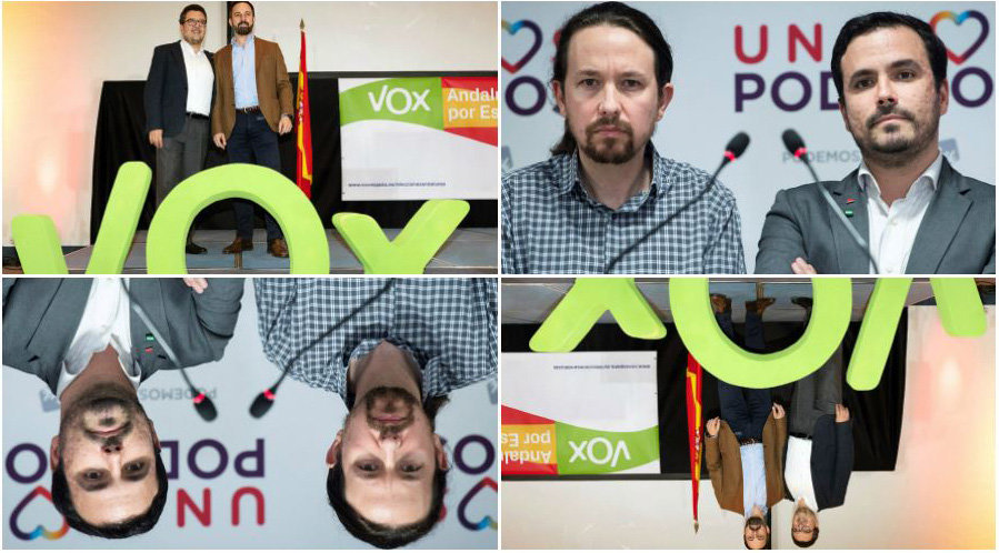 Una imagen de Santiago Abascal y el candidato de VOX en Andalucía junto a a Pablo Iglesias y Alberto Garzón, de Unidos Podemos