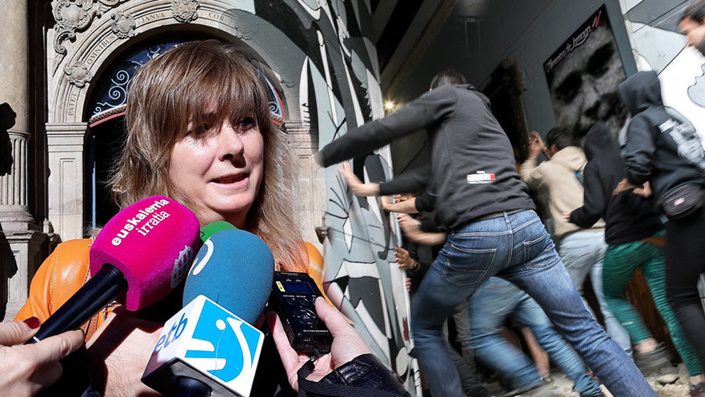 La consejera Ana Ollo atiende a los medios de comunicación para explicar la entrada de la Policía Foral en el gaztetxe okupa de Rozalejo. FOTOMONTAJE