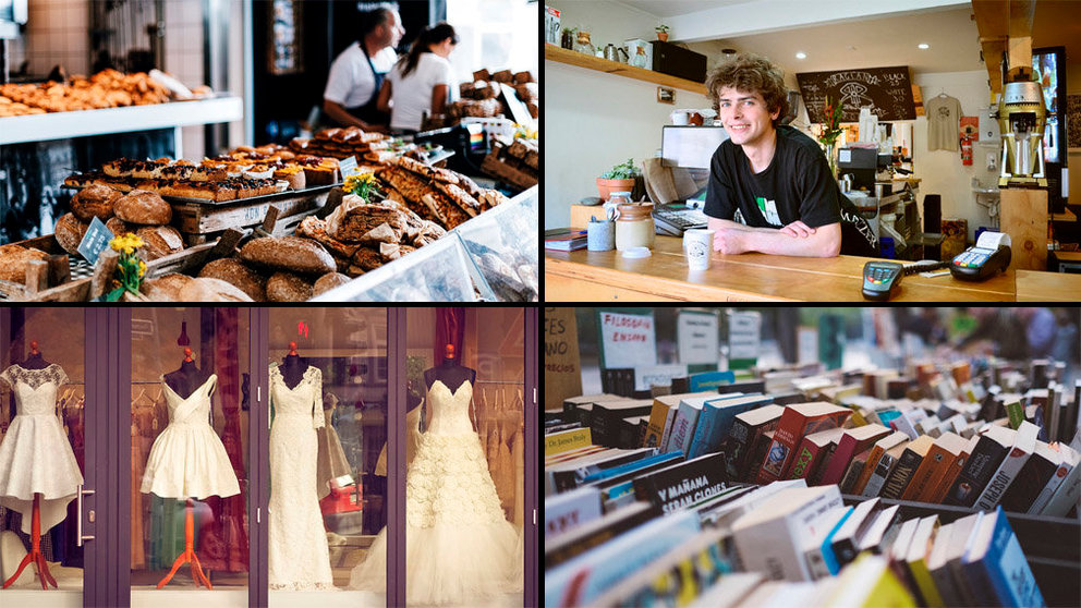 Imagen de archivo de varios comercios especializados respectivamente en venta de pan y bollería, vestidos de novia, libros de segunda mano o una cafetería ARCHIVO