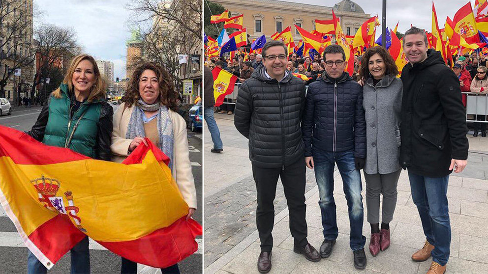A la izquierda, la representación del PPN que viajó a Madrid y, a la derecha, el grupo de UPN, en la concentración de Madrid. FACEBOOK