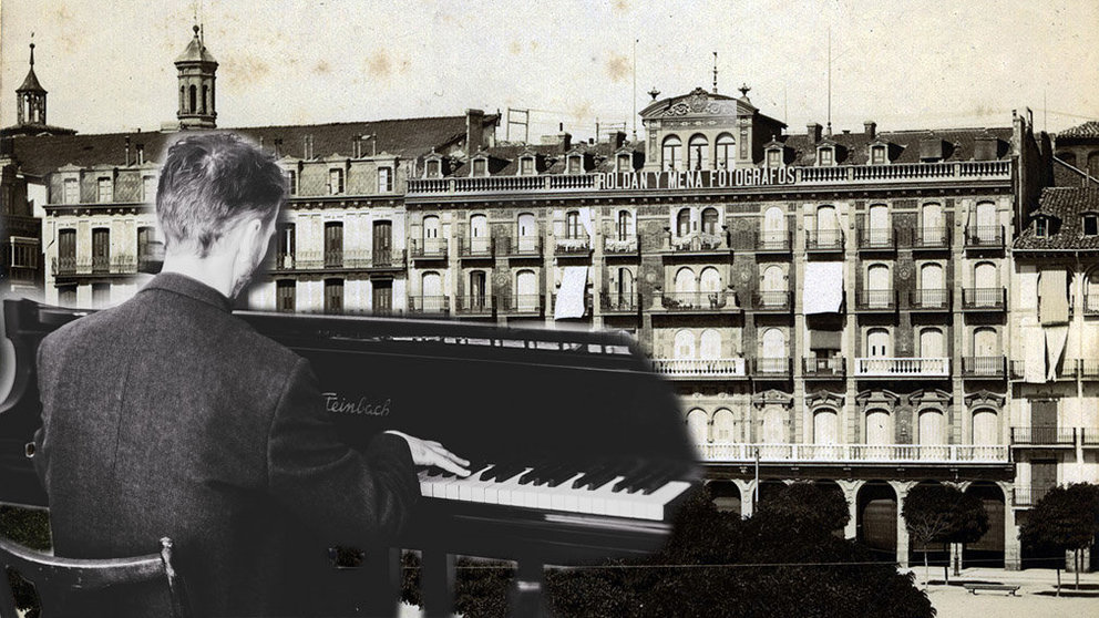 Imagen del antiguo aspecto de la Plaza del Castillo y de la fachada del edificio donde se ubica el Nuevo Casino de Pamplona junto con una foto de archivo de un pianista Foto NUEVO CASINO ARCHIVO