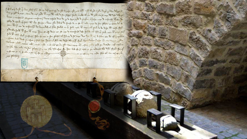 Uno de los pergaminos que muestra la exposición del Condestable junto con la imagen de los restos de la muralla medieval de Pamplonal en la belena de Portalapea NAVARRACOM1