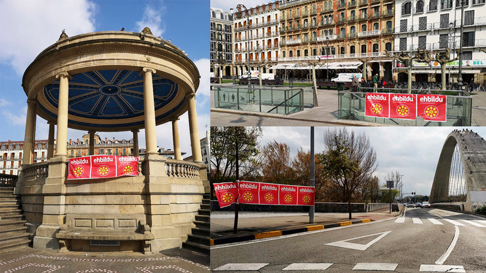 Bildu ha empapelado con propaganada electoral espacios públicos de Pamplona, como la Plaza del Castillo, donde no está permitido colocar propaganda. IMÁGENES CEDIDAS