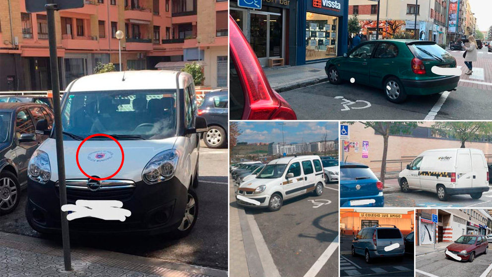 Imágenes de coches indebidamente aparcados en plazas reservadas para personas con discapacidad difundidas a través de okupasmotorizados Entre los vehículos, uno de la Policía Municipal de Pamplona TWITTER