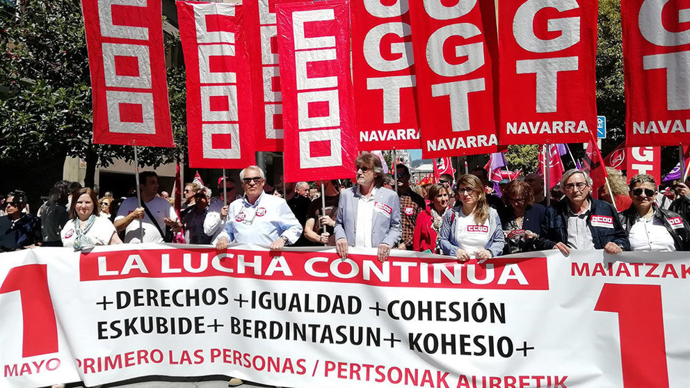 Manifestación conjunta de CCOO y UGT en Pamplona para celebrar el Primero de Mayo, el Día del Trabajador EUROPA PRESS