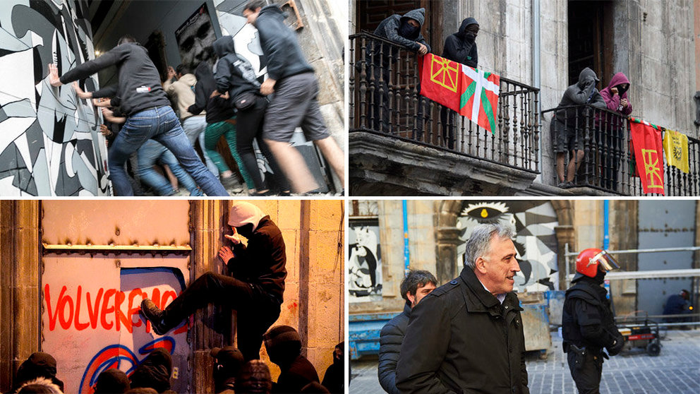 Varias imágenes de las reiteradas okupaciones por parte de radicales abertzales en el Palacio del Marqués de Rozalejo, junto con fotografías de los incidentes de protesta causados en Pamplona y una visita del alcalde Asirón a la