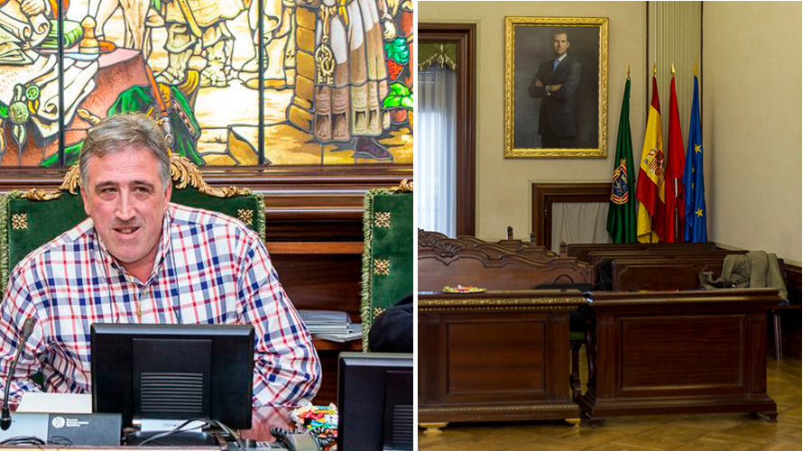 Asirón, en la imagen izquierda. El cuadro del Rey y la bandera de España, en la parte trasera del salón municipal, donde el alcalde los ha colocado.  