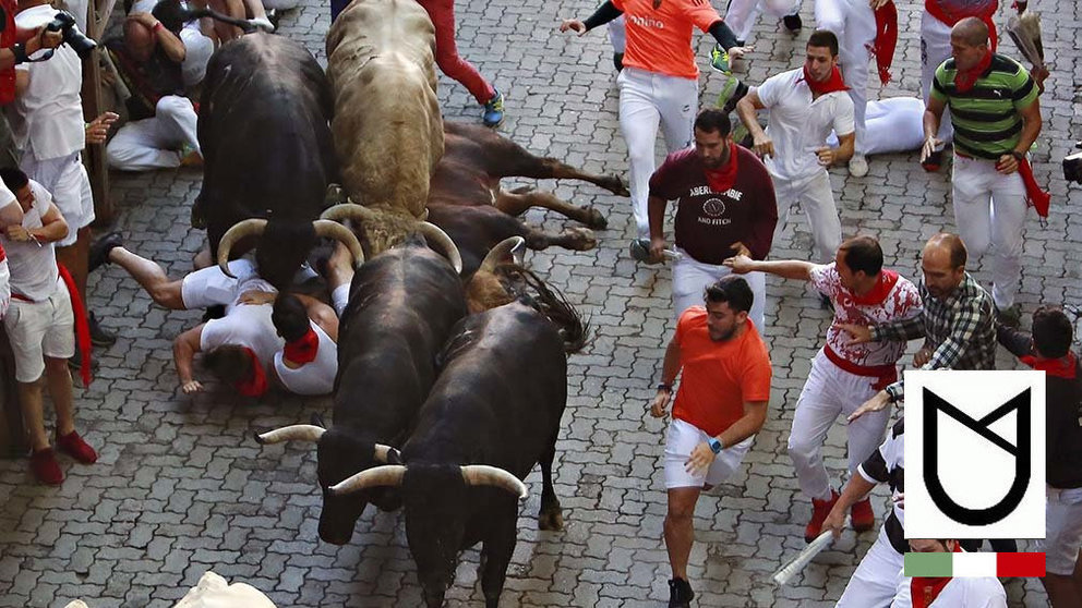 Los toros de la ganadería gaditana de Núñez del Cuvillo enfilan junto a mansos y corredores el Callejón hacia el interior de la Plaza de Toros EFE - Josu Santesteban