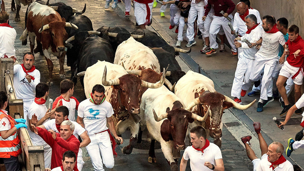 Los toros de la ganadería de Jandilla llegan a la Plaza del Ayuntamiento durante el cuarto encierro de los Sanfermines 2019. EFE/J.P. Urdiroz