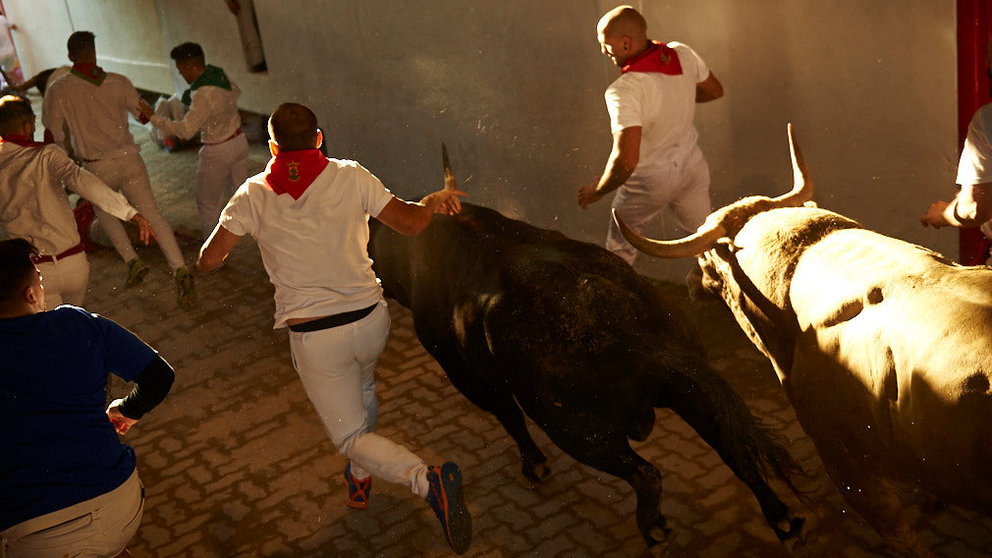 Sexto encierro de las fiestas de San Fermín de 2019 con la ganadería de Nuñez ddel Cuvillo en el tramo final del callejón. MIGUEL OSÉS