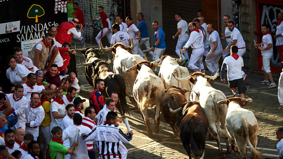 Séptimo encierro de las fiestas de San Fermín de 2019 con toros de la ganadería de La Palmosilla en el tramo del Ayuntamiento. MIGUEL OSÉS