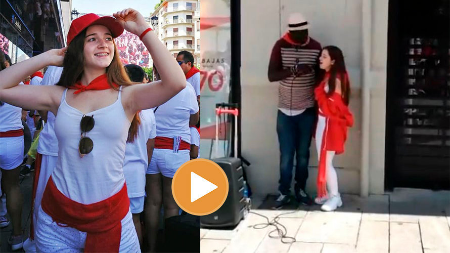 La jotera argentina Pilar López Virgili en Sanfermines. A la derecha, en un momento de su vídeo viral.