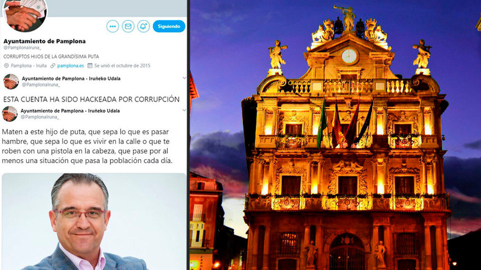Imágenes de algunos de los mensajes publicados en la cuenta oficial del Ayuntamiento de Pamplona, que ha sido hackeada a través de Twitter NAVARRACOM