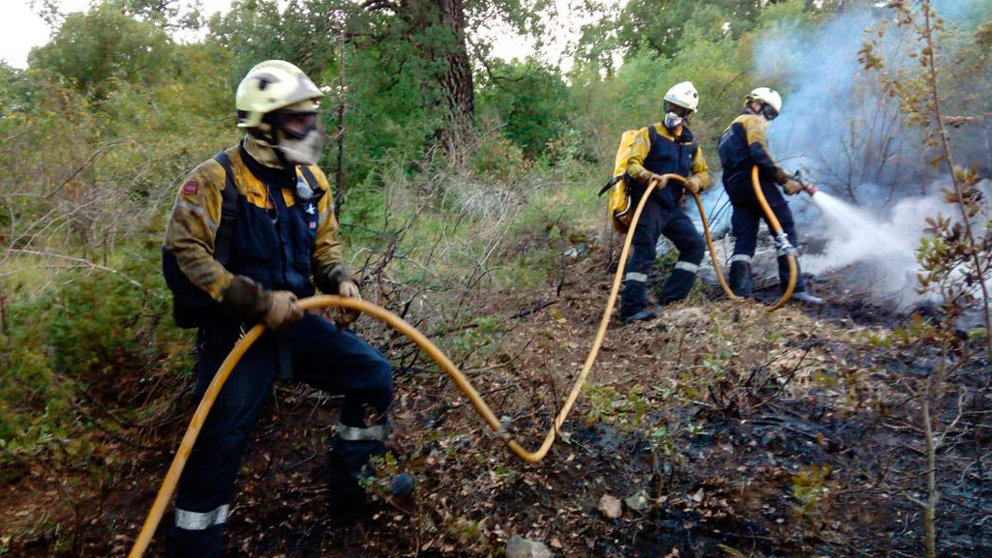 Un retén de bomberos trabaja en la extinción de un incendio en un paraje de Eulate. BOMBEROS DE NAVARRA