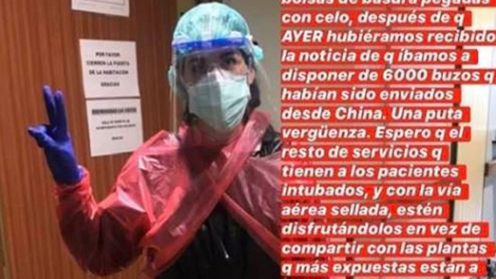 Una enfermera del Hospital Reina Sofía de Tudela vestida con bolsas de basura. FACEBOOK