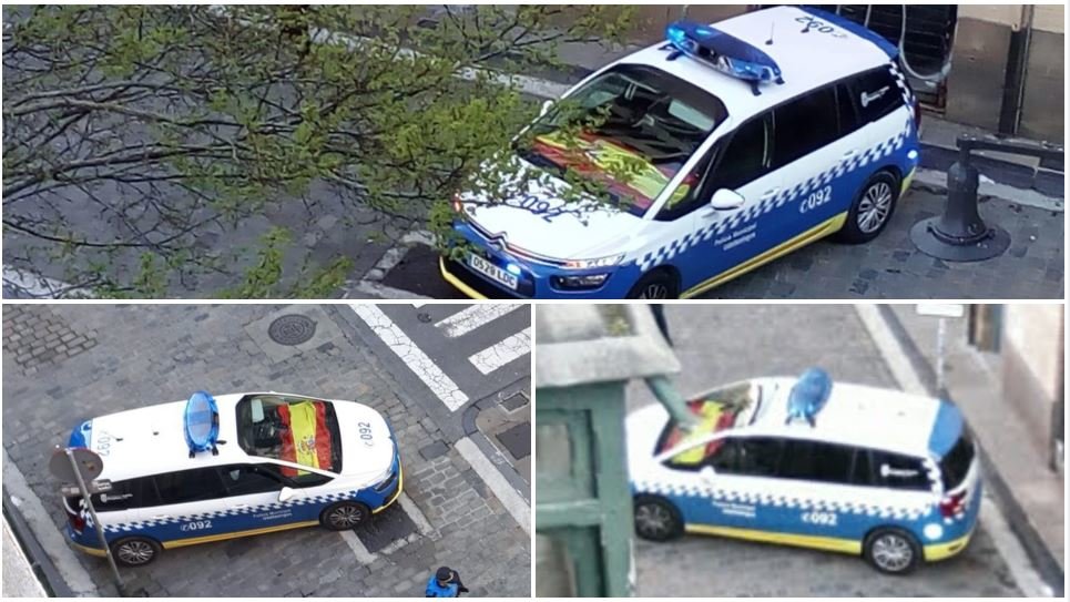 Fotografías distribuidas por EH Bildu para denunciar que un coche de policía local portaba una bandera de España.