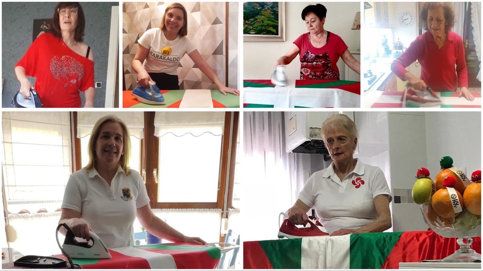 Varias mujeres planchan la bandera de Sabino Arana en fotos distribuidas por la cuenta oficial del PNV en Twitter..