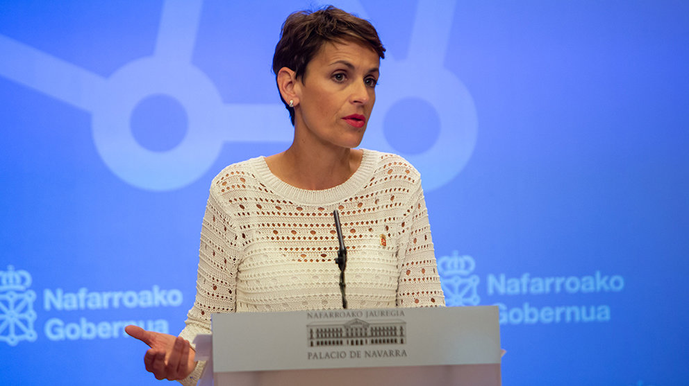 La presidenta del Gobierno foral, María Chivite, durante una rueda de prensa GOBIERNO DE NAVARRA