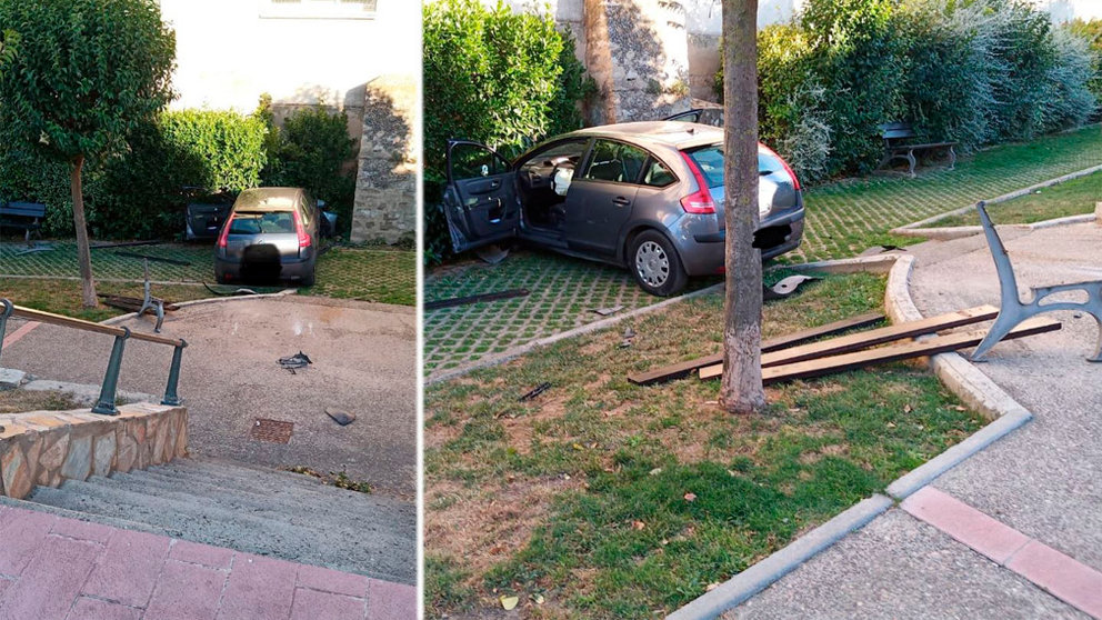 Accidente de tráfico en Tudela, donde el vehículo ha caído por las escaleras y se ha estrellado contra un muro POLICÍA LOCAL DE TUDELA
