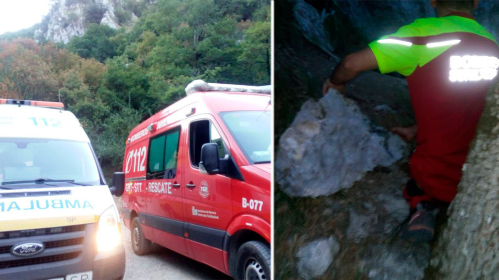 Montaje con la ambulancia y el equipo de bomberos trasladado hasta Latasa y la roca que le golpeó al vecino de Leiza mientras escalaba BOMBEROS DE NAVARRA