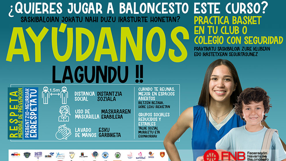 Cartel de la nueva campaña de la Federación Navarra de Baloncesto, &#39;Practica basket seguro&#39;. FNB